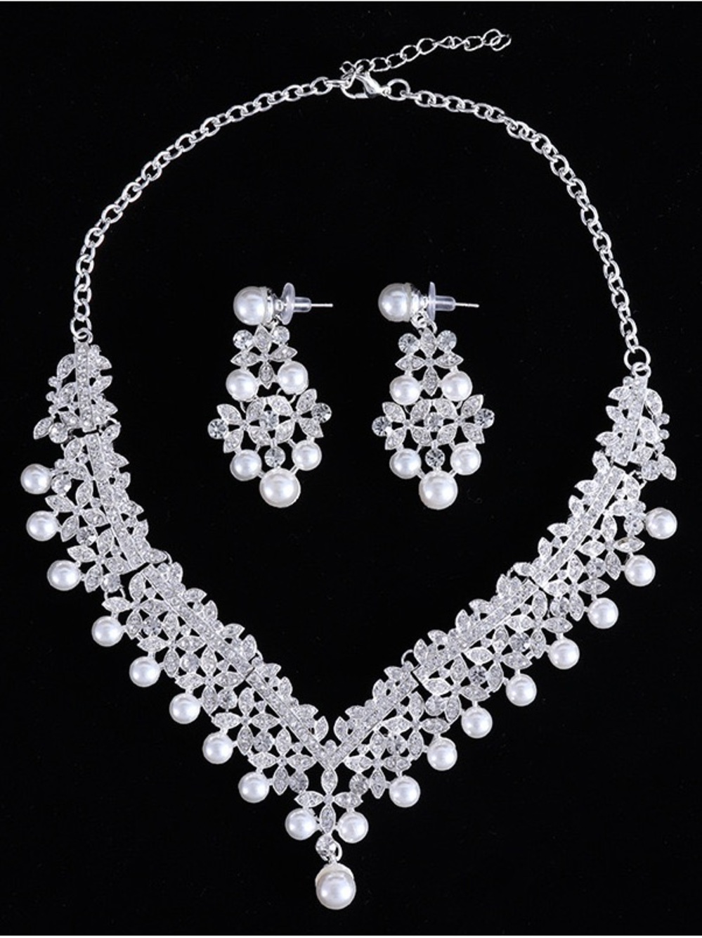 Silver Pearl & Crystal V-Front Necklace Set - Women Jewelry